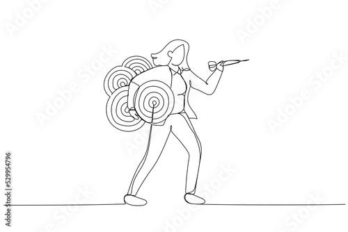 Cartoon of confident businesswoman carrying many dartboard target. Metaphor for handling multiple businesses simultaneously, multitasking. One line style art