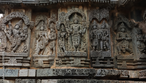 The Sculptures of Hindu God Goddess on the Temple Hoysaleshwara, Halebeedu, Hassan, Karnataka, India.  © Raj