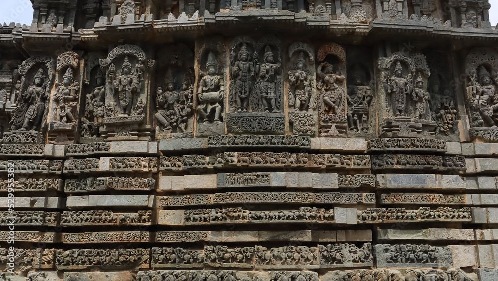 The Sculptures of Hindu God Goddess on the Temple Hoysaleshwara, Halebeedu, Hassan, Karnataka, India. The Sculptures of Hindu God Goddess on the Temple Hoysaleshwara, Halebeedu, Hassan, Karnataka, India.