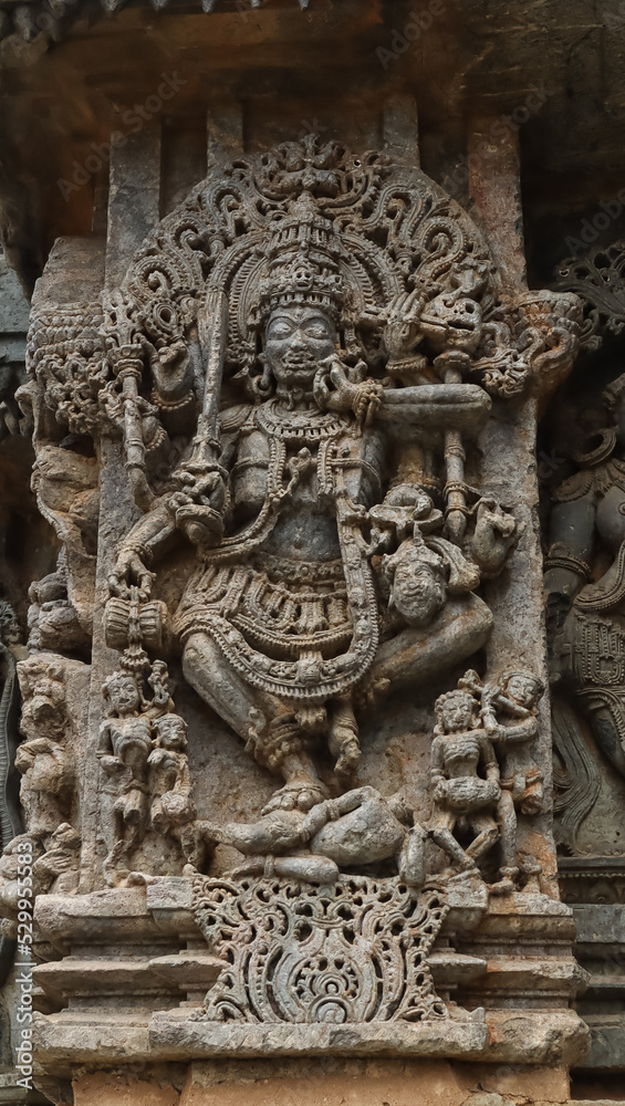 The Hindu God on the Hoysalleshwara Temple, Hassan, Karnataka, India.