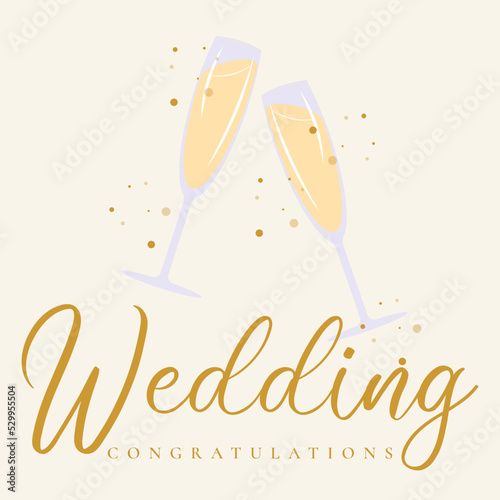 Happy Wedding Day Greeting Card Lettering. Wedding congratulations with champagne glass on white
