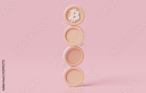 Bitcoin token standing on unstable vertical stack of coins, volatility in crypto market, bitcoin price swing risk scenario, 3d render illustration.