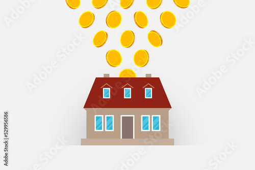 House icon and gold coins over gray background