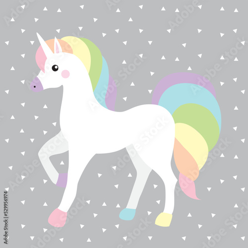 Unicorn queen white rainbow color white triangle grey background horse hair elegance kid decor
