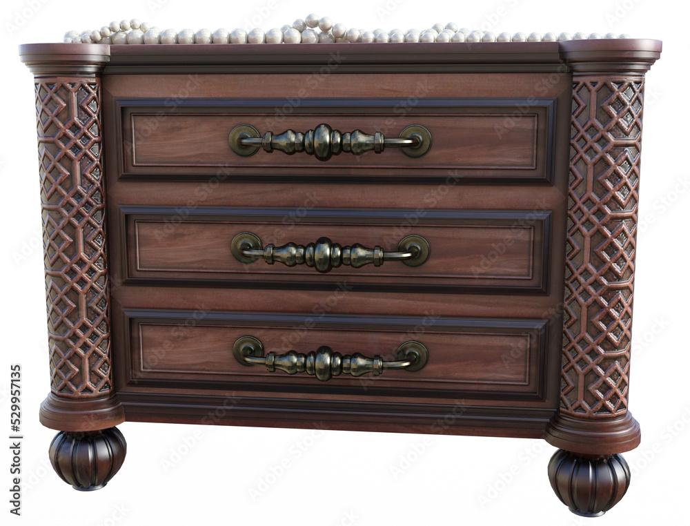 3d Illustration of a classic wooden jewelry chest with a string of pearls lying on the top 3d Illustration of a classic wooden jewelry chest with a string of pearls lying on the top