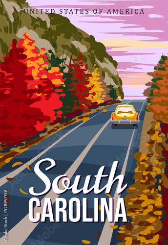 South Carolina travel vintage poster, autumn road, car. Retro illustration