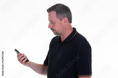 man looking smartphone texting with mobile phone on white background