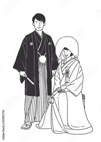 結婚をする男女のモノクロ線画イラストA 和装結婚式 和装ウェディング