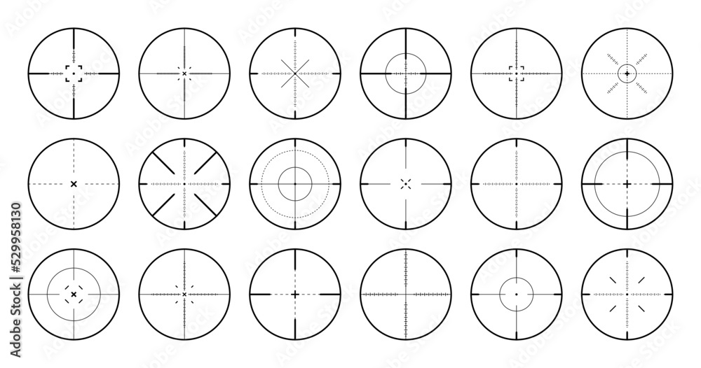 Various sniper rifle sights, weapon optical scope crosshair. Hunting gun viewfinder. Shooting