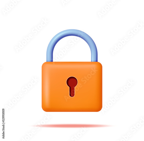 3D Orange Padlock Isolated on White. Render Pad Lock Icon with Keyhole. Concept of Security, Protection and Confidentiality. Safety, Encryption and Privacy. Vector Illustration