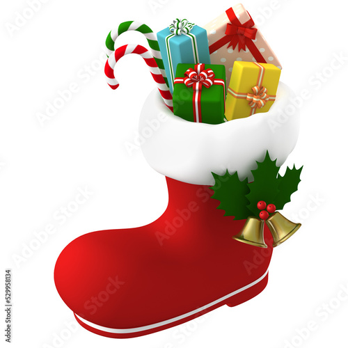 Santa Claus's boot stuffed with presents on transparent background. 3D illustration