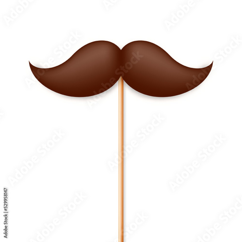 Realistic fake mustache on a wooden stick. Vintage paper mustache for carnival or holiday. Brown facial hair, hipster beard. Vector illustration