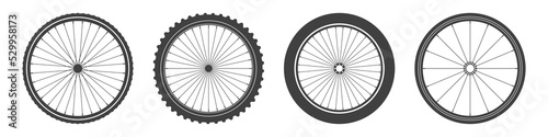 Black bicycle wheel symbols collection. Bike rubber tyre silhouettes. Fitness cycle  road and mountain bike. Vector illustration.