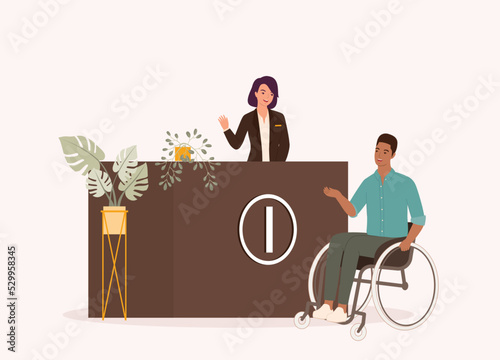 Smiling Female Receptionist And Disabled Black Man With Wheelchair At Information Counter. Full Length. Flat Design Style, Character, Cartoon.