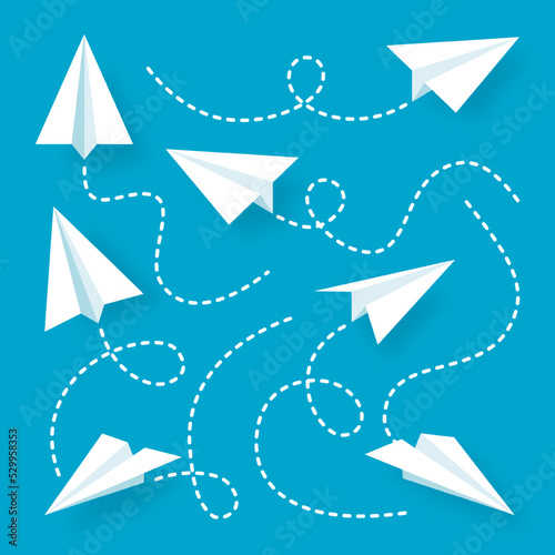 Various realistic white paper planes collection. Handmade origami aircraft with dotted doodle route line. Business concept element, project startup and goal achievement. Vector illustration