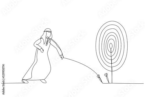 Cartoon of arab businessman try to hit a target. One continuous line art style