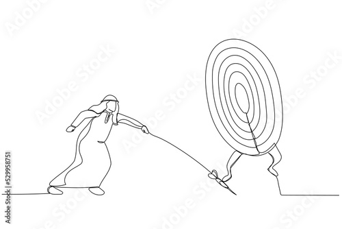 Illustration of arab businessman try to hit a target. Single line art style