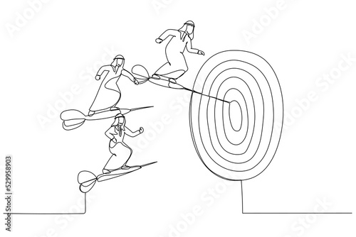 Cartoon of three arab businessmen stand on darts and fly together to the bulls eye. One line art style