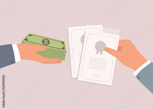 Concept Of Buying And Selling Fake Certification. One Hand Holding Cash And The Other Hand Holding Fake Certification. Close-Up. Character, Cartoon.