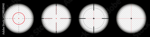 Weapon sights, sniper rifle optical scope on black background. Hunting gun viewfinder with crosshair. Aim, shooting mark symbol. Military target sign, silhouette. Game UI element. Vector illustration