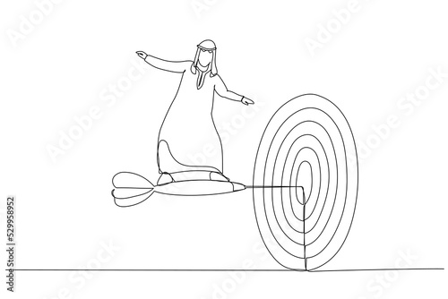 Illustration of arab businessman with briefcase standing on dart to achieve business goal. Metaphor for solution, achievement, mission, and direction. Single continuous line art