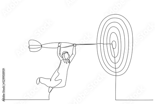 Cartoon of arab business man flying on the arrow to the target. Concept for business illustration. One continuous line art style