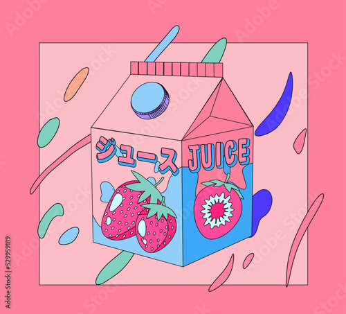 Retro anime style illustration of a strawberry juice pack. Vaporwave and citypop aesthetics. Japanese text means "Juice".