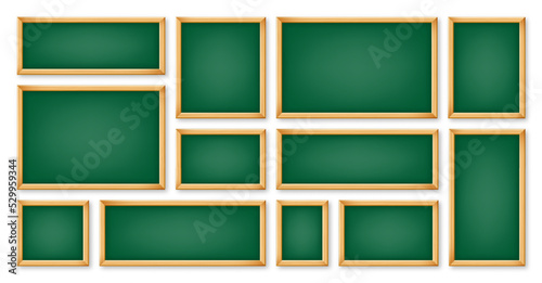 Realistic various chalkboards in a wooden frame. Green restaurant menu board. School blackboard, writing surface for text or drawing. Blank advertising or presentation boards. Vector illustration
