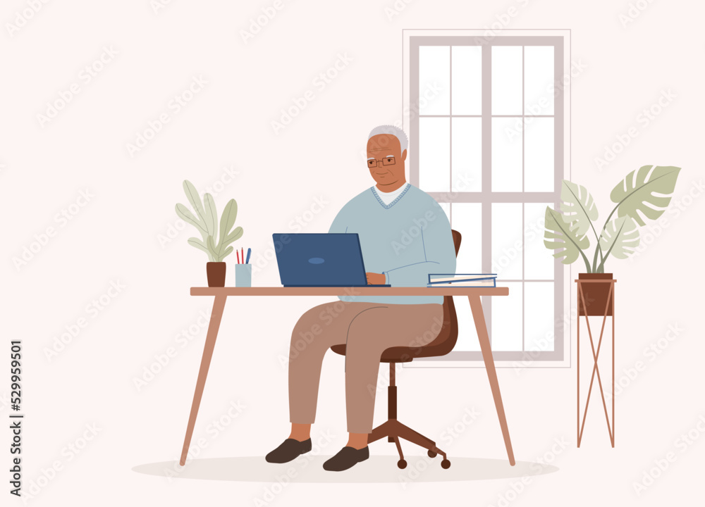 One Smiling Black Senior Man At Desktop Working With Laptop. Full Length. Flat Design, Character, Cartoon. One Smiling Black Senior Man At Desktop Working With Laptop. Full Length. Flat Design, Character, Cartoon.