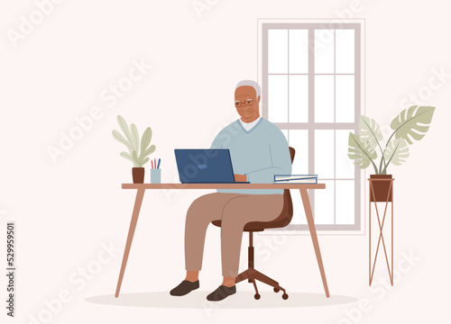 One Smiling Black Senior Man At Desktop Working With Laptop. Full Length. Flat Design, Character, Cartoon.