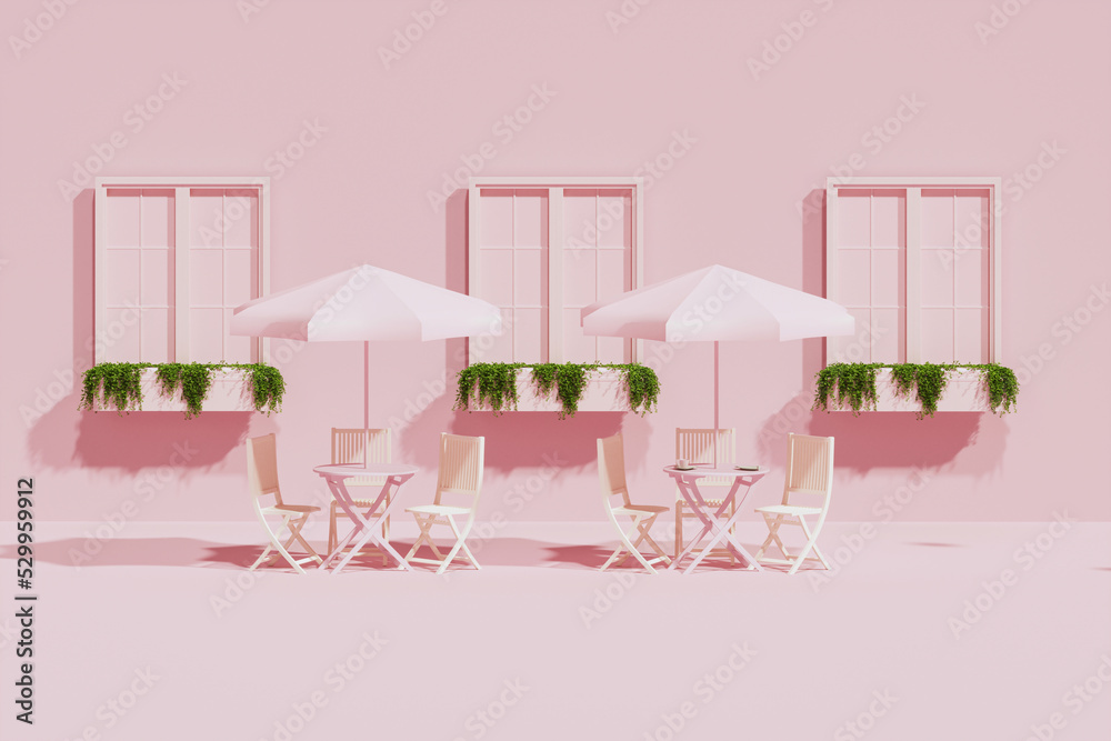 Exterior of outdoor cafe with pastel pink color. The shop has blank sign,  table and chairs,