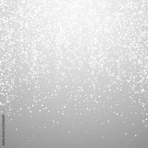 Christmas falling snow background. Subtle flying snow flakes and stars. Festive winter silver snowflake overlay template. Vector illustration