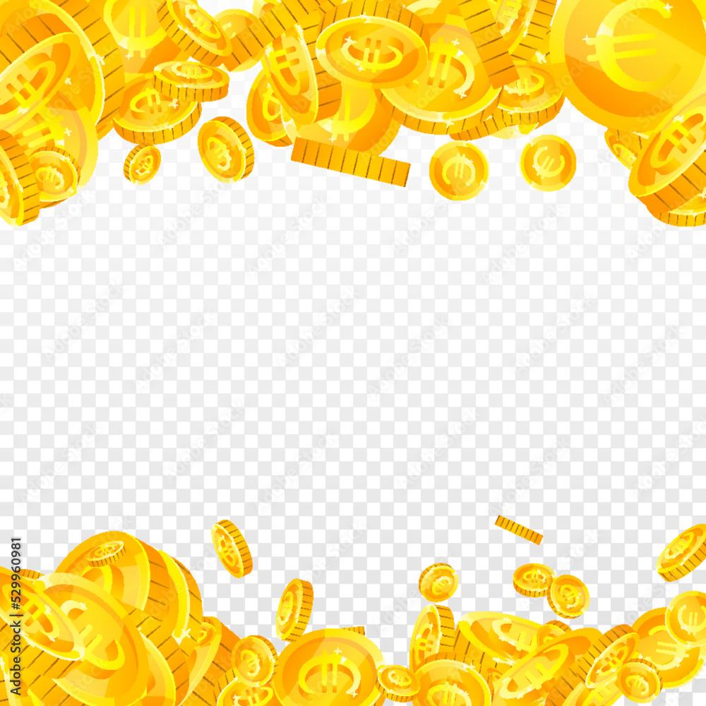 European Union Euro coins falling. Scattered gold European Union Euro coins falling. Scattered gold