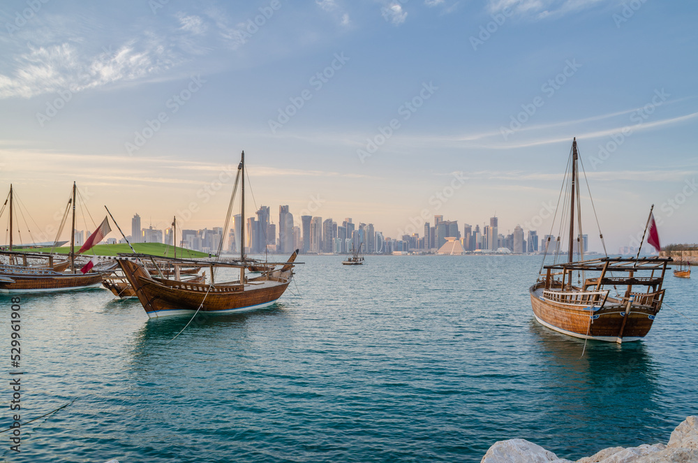 Traditional arabian dhows in Doha , Qatar, Middle East.