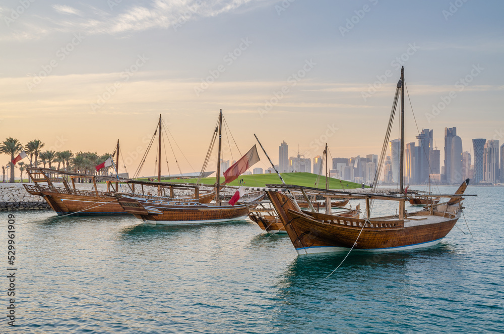Traditional arabian dhows in Doha , Qatar, Middle East. Traditional arabian dhows in Doha , Qatar, Middle East.