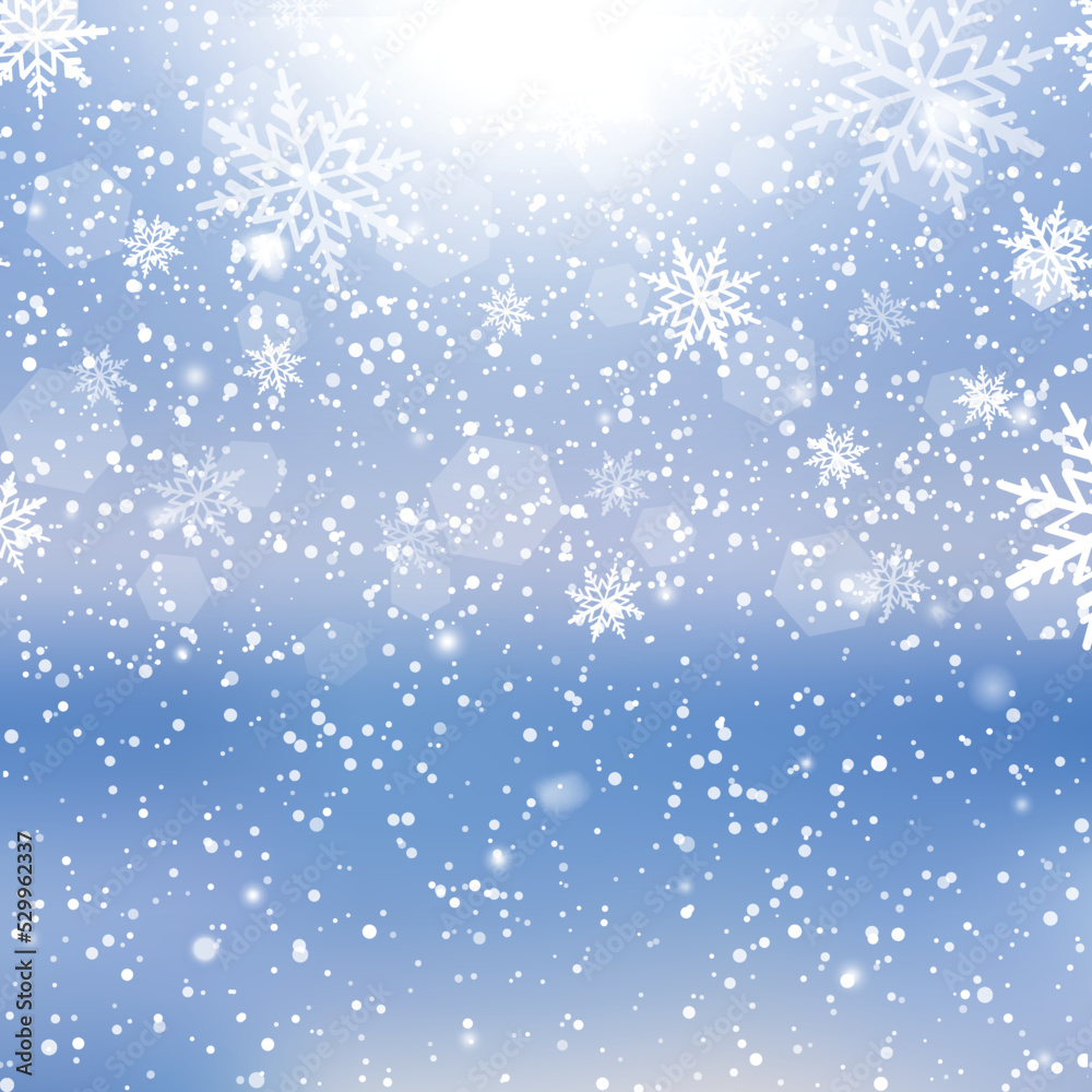 Fototapeta premium Winter snowfall and snowflakes on light blue background. Xmas and New Year background. Vector