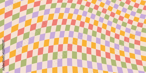 Wavy checkered horizontal background. Abstract vector pattern in style 60s, 70s. Retro wavy psychedelic checkerboard. Pastel colors