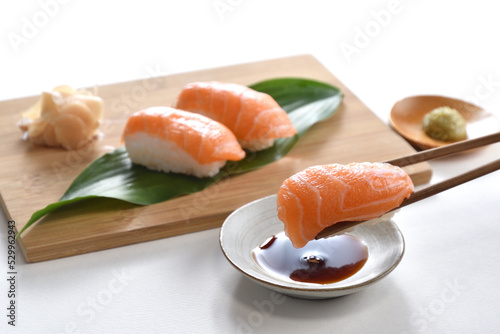Salmon Sushi Nigiri on wood plate-Japanese Food
