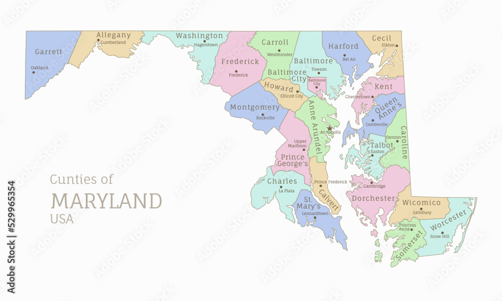 Counties of Maryland, political map of USA federal state. Highly detailed color map of American region with territory borders and counties names labeled realistic vector illustration