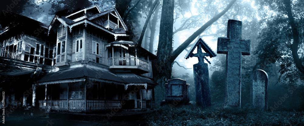 Horizontal Halloween banner with haunted house and medieval stone cross, tombstones in a cemetery in foggy forest