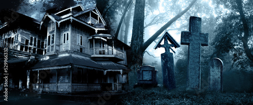 Wallpaper Mural Horizontal Halloween banner with haunted house and medieval stone cross, tombstones in a cemetery in foggy forest Torontodigital.ca