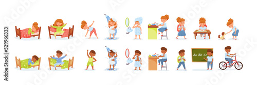 Kids daily routine. Girl and boy having different activities. Children waking up, doing physical exercising, having shower. Characters brushing teeth, eating breakfast, studying at school vector set
