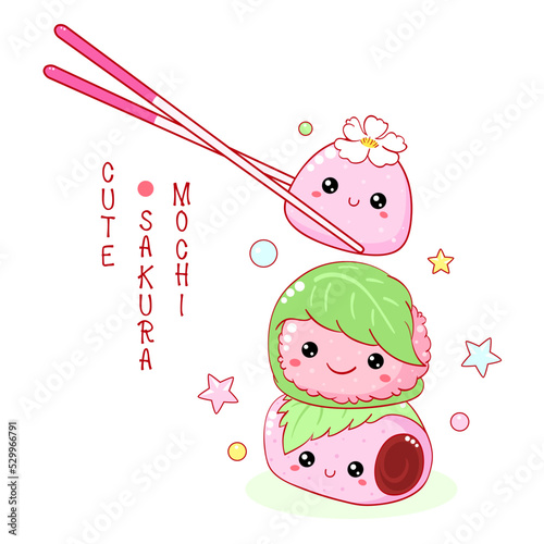 Stack of cute sakura mochi in kawaii style. Japanese traditional cuisine dish confectionery wrapped in cherry leaves. Can be used for t-shirt print, sticker, greeting card, menu design. Vector EPS8  