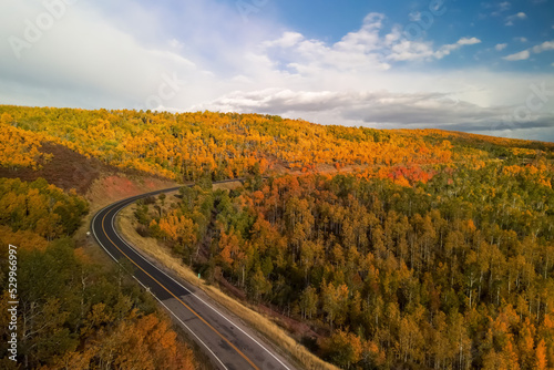 Aerial view of bright fall foliage in northern Utah at Monte Cristo