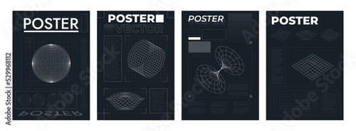 Futuristic grid posters. Retrofuturistic layout templates with HUD elements, wireframe planet perspective tunnel circle retro cyberpunk style. Vector set. Wavy deformated abstract surfaces photo
