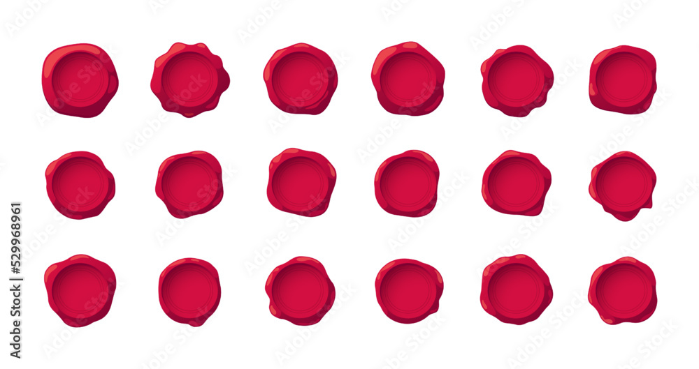 Wax seals. Retro postmark stamps for certificate document envelope, antique blank badges cartoon style, postage concept. Vector isolated set. Medieval sealing for confidential document Wax seals. Retro postmark stamps for certificate document envelope, antique blank badges cartoon style, postage concept. Vector isolated set. Medieval sealing for confidential document