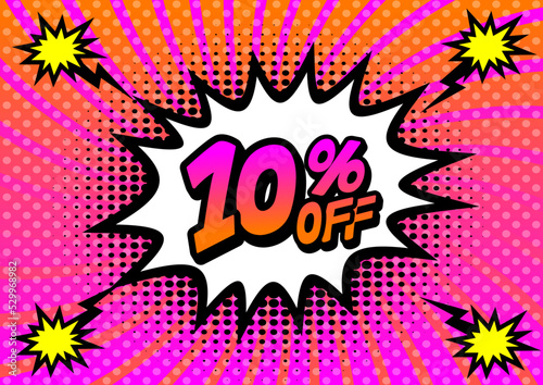10 Percent OFF Discount on a Comics style bang shape background. Pop art comic discount promotion banners.