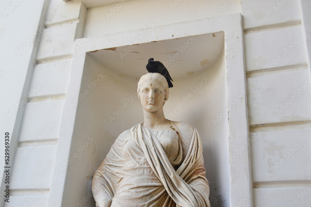 An ancient statue of a woman with a dove on her head