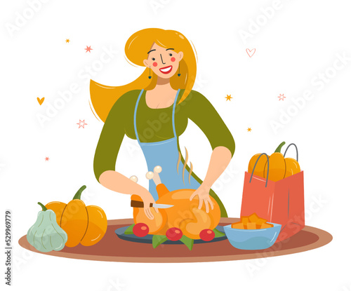 Nice woman cooking a turkey. Thanksgiving dinner. Blogger girl or video blogger, vector illustration of internet live broadcast channel.Design for postcards, posters, flyers, websites and other uses.