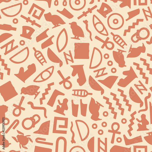 Egyptian hieroglyphs pattern. Seamless print with ancient Egypt civilization manuscript symbols, repeating antique backdrop. Vector texture. Old cultural inscription elements for fabric